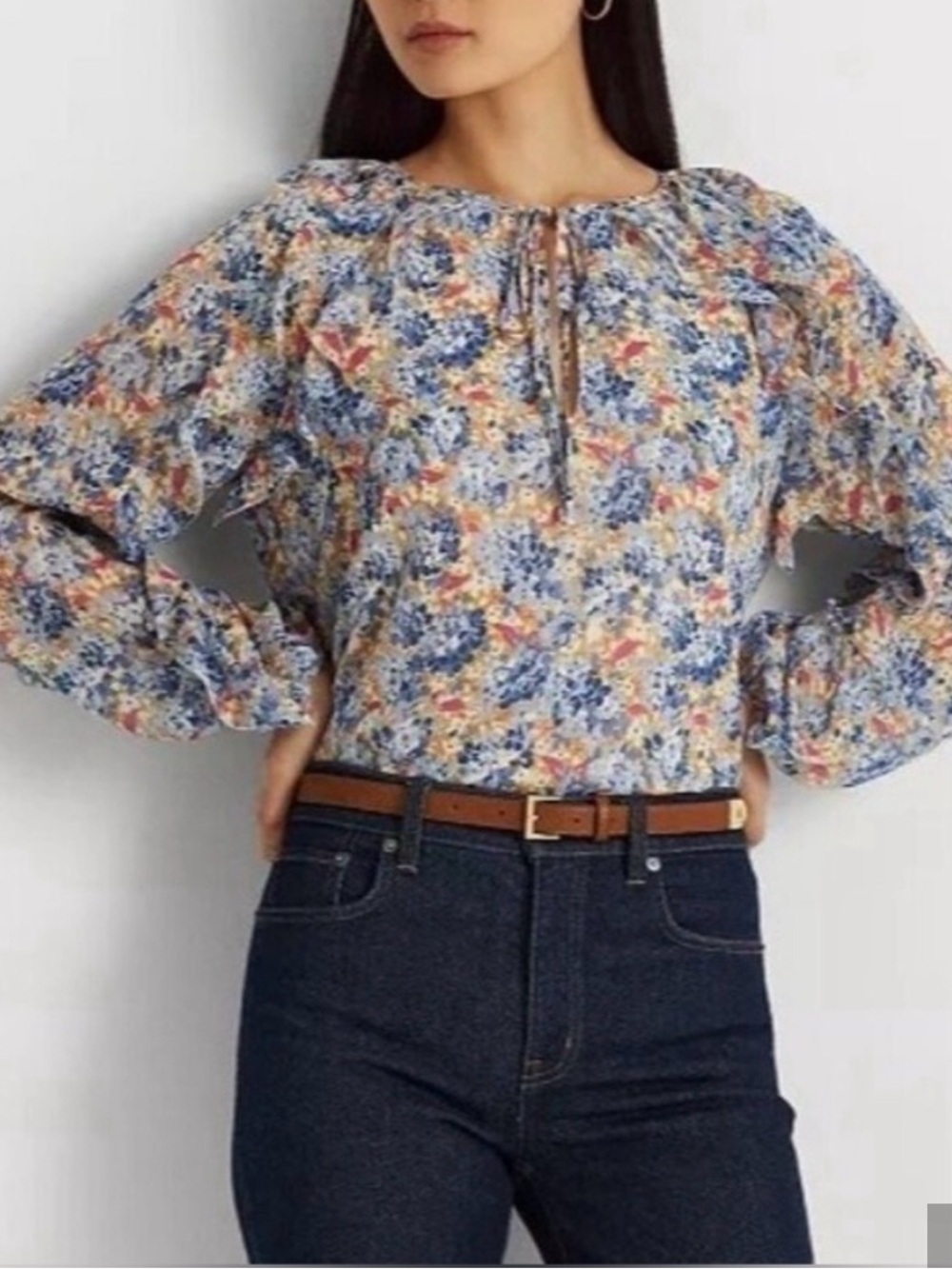 Lauren Ralph Lauren Floral Crinkle Georgette Tie-Neck Blouse